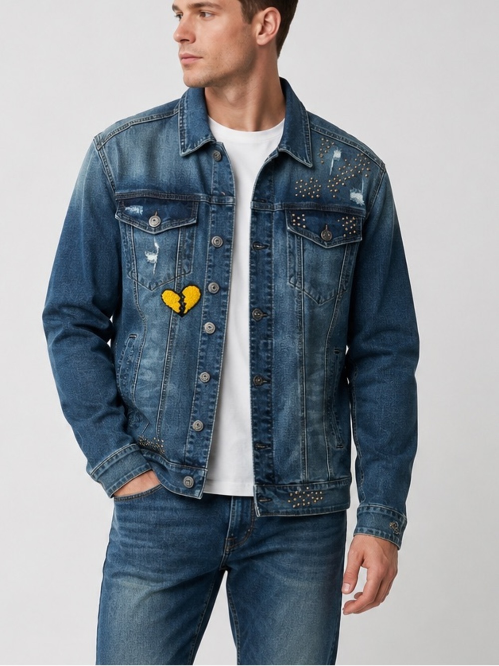 KLOUD 9 Heart Breaker Denim Jean Man’s  Jacket Size L  Patch Embroidered